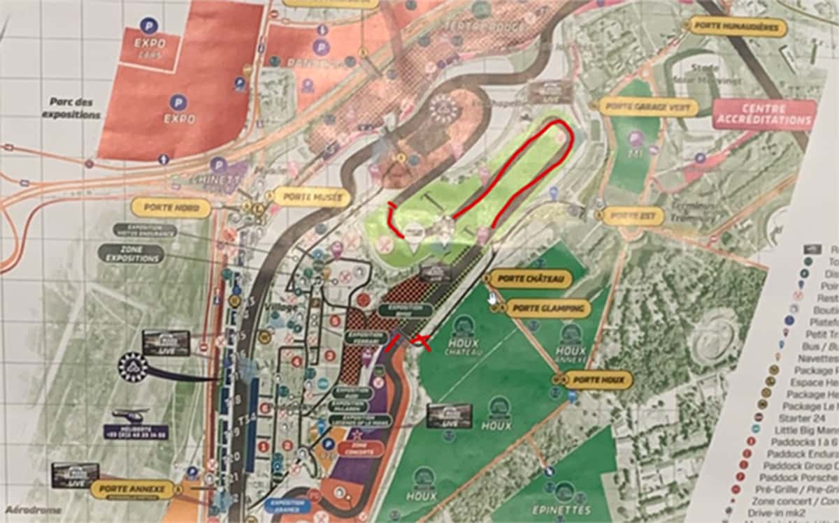 Plan du Mans Classic 2025 ; emplacement du Révolution Rotor Club sur la boucle Bugatti tracé en rouge.