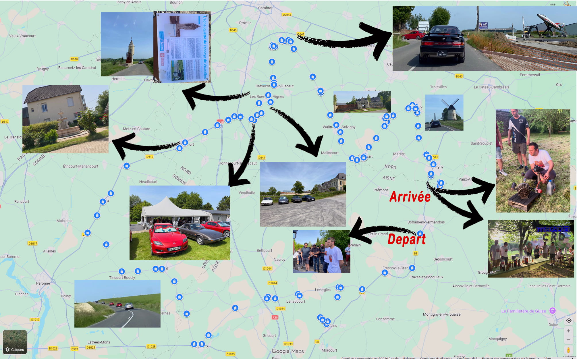 Itinéraire Classic Rotary Day 2026 — balade rotatif dans l'Aisne, le Nord et la Somme Carte du parcours du Classic Rotary Day 2026 dans l'Aisne et le Nord : itinéraire fléché de 120 km avec photos des points d'étape — départ, Abbaye de Vaucelles, moulin, convoi sur route et arrivée