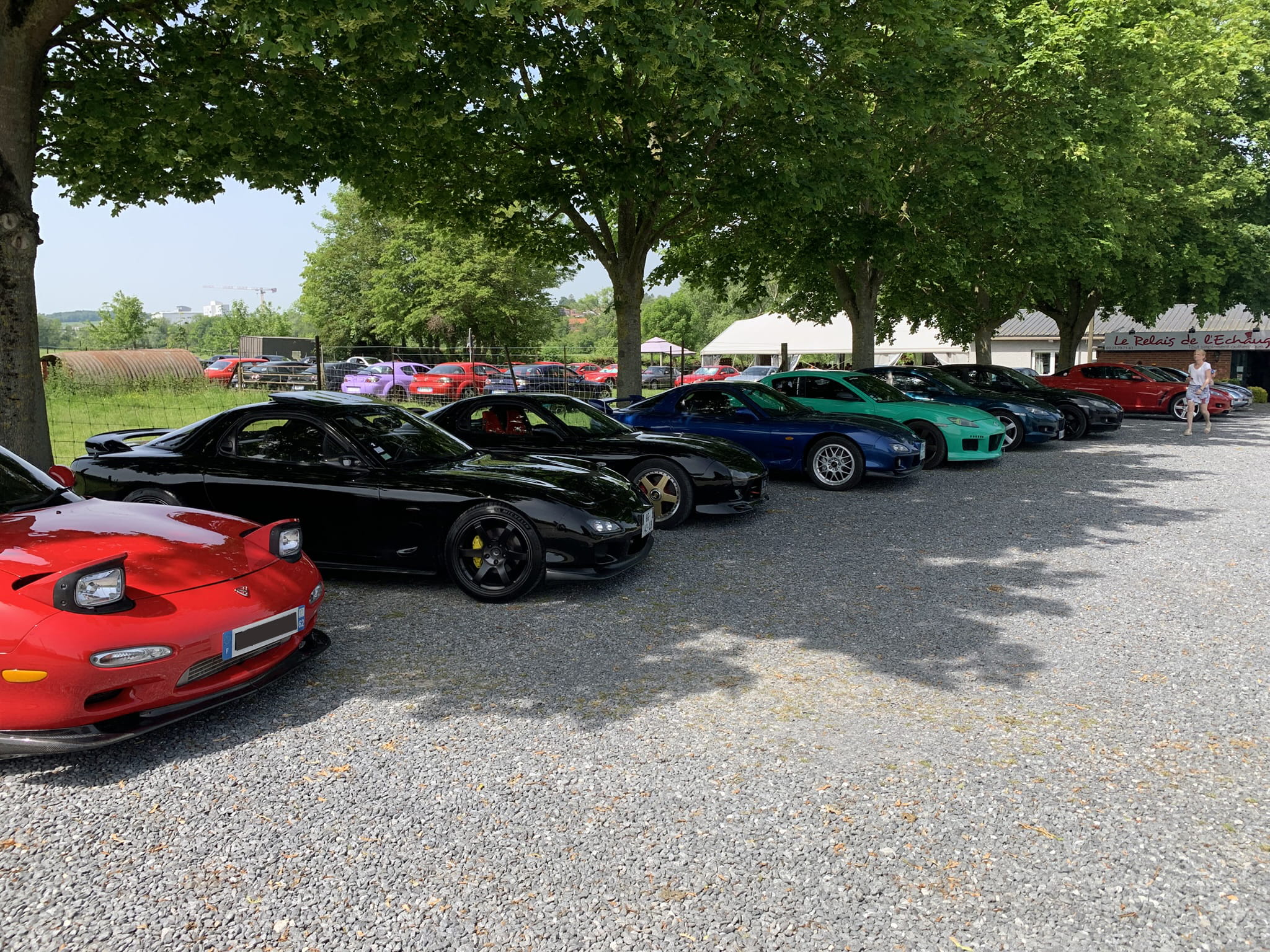 Rang&eacute;e de Mazda RX-7 aux couleurs vari&eacute;es gar&eacute;es sur le parking du Relais de l'&Eacute;chauguette lors du Classic Rotary Day - RX-7 rouge FD3S au premier plan, suivies de mod&egrave;les noirs, bleus et verts