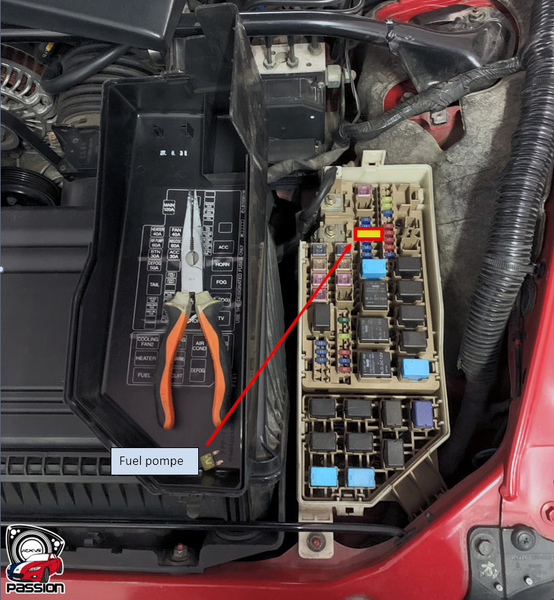 Emplacement du fusible Fuel Pump dans la bo&icirc;te &agrave; fusibles compartiment moteur Mazda RX-8